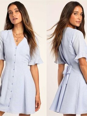 NWT Lulus Castana Light Blue Print Button Up Dress M